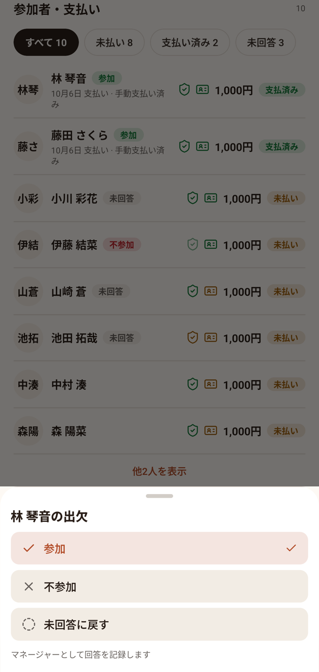 マネージャーが出欠を記録するシート