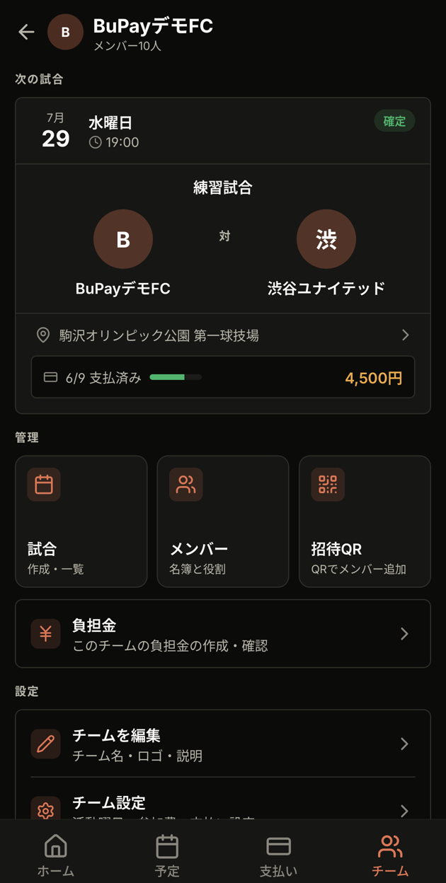 チームページの管理メニュー