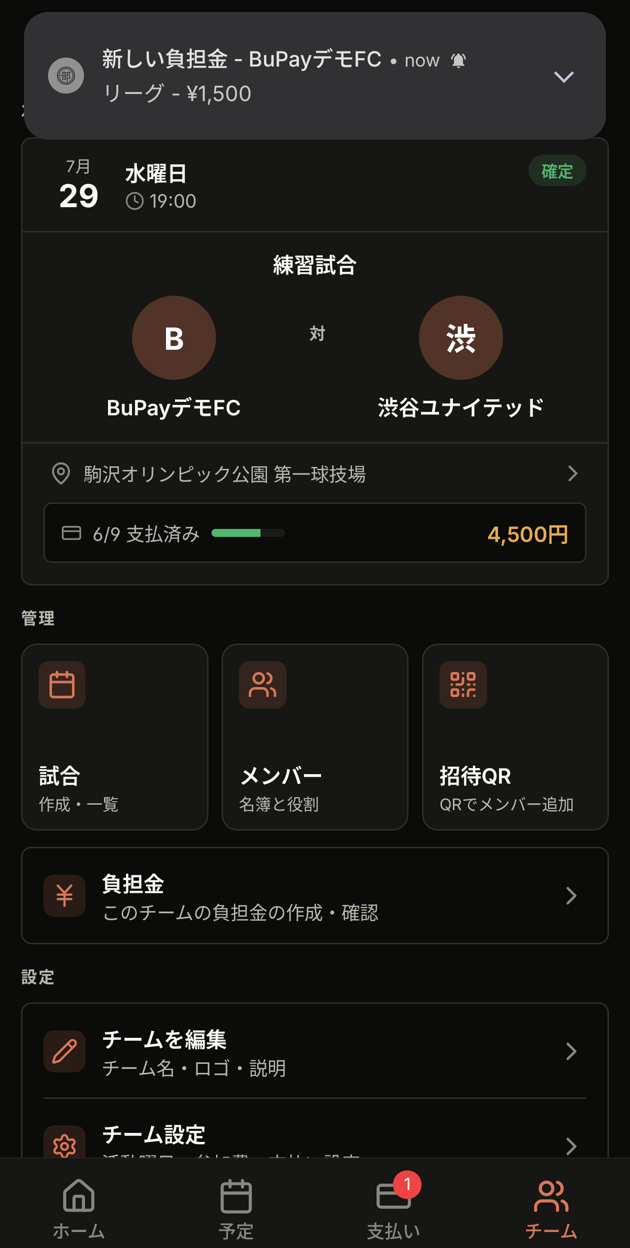 負担金の作成後のチームページ