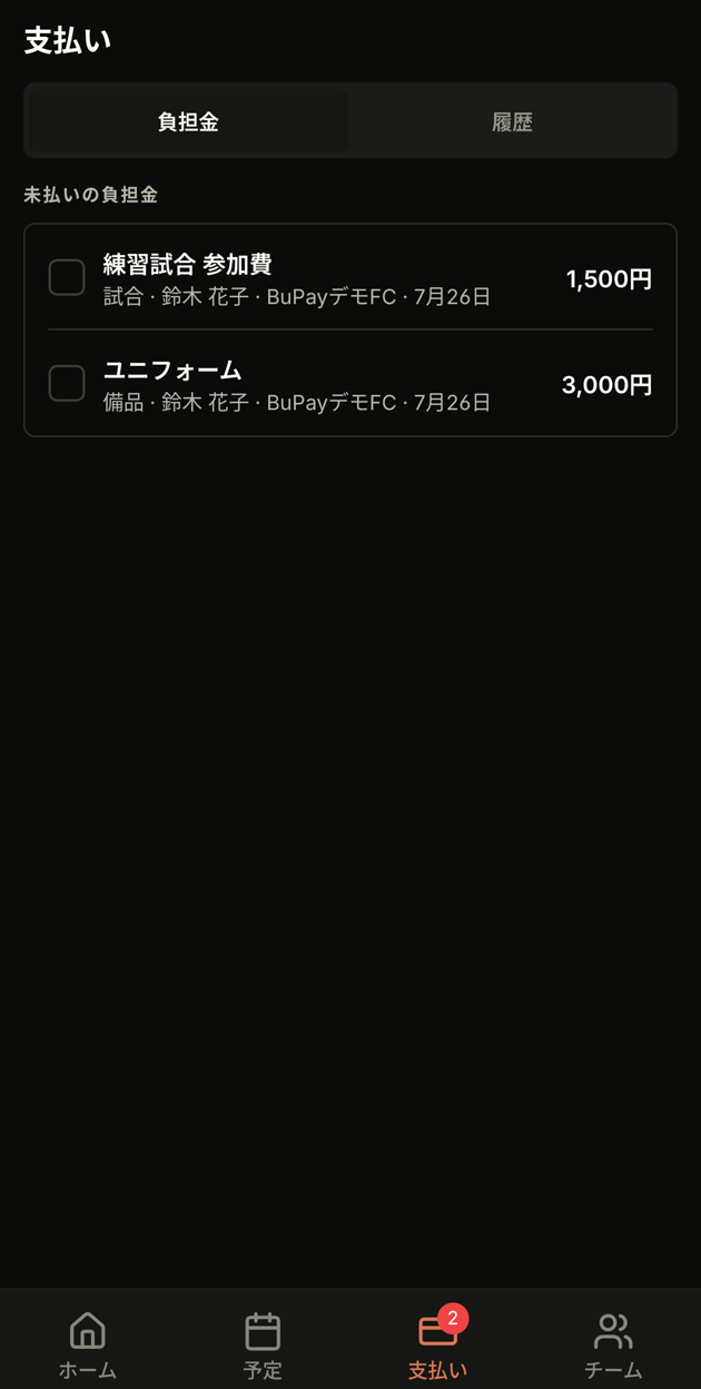 未払いの負担金一覧