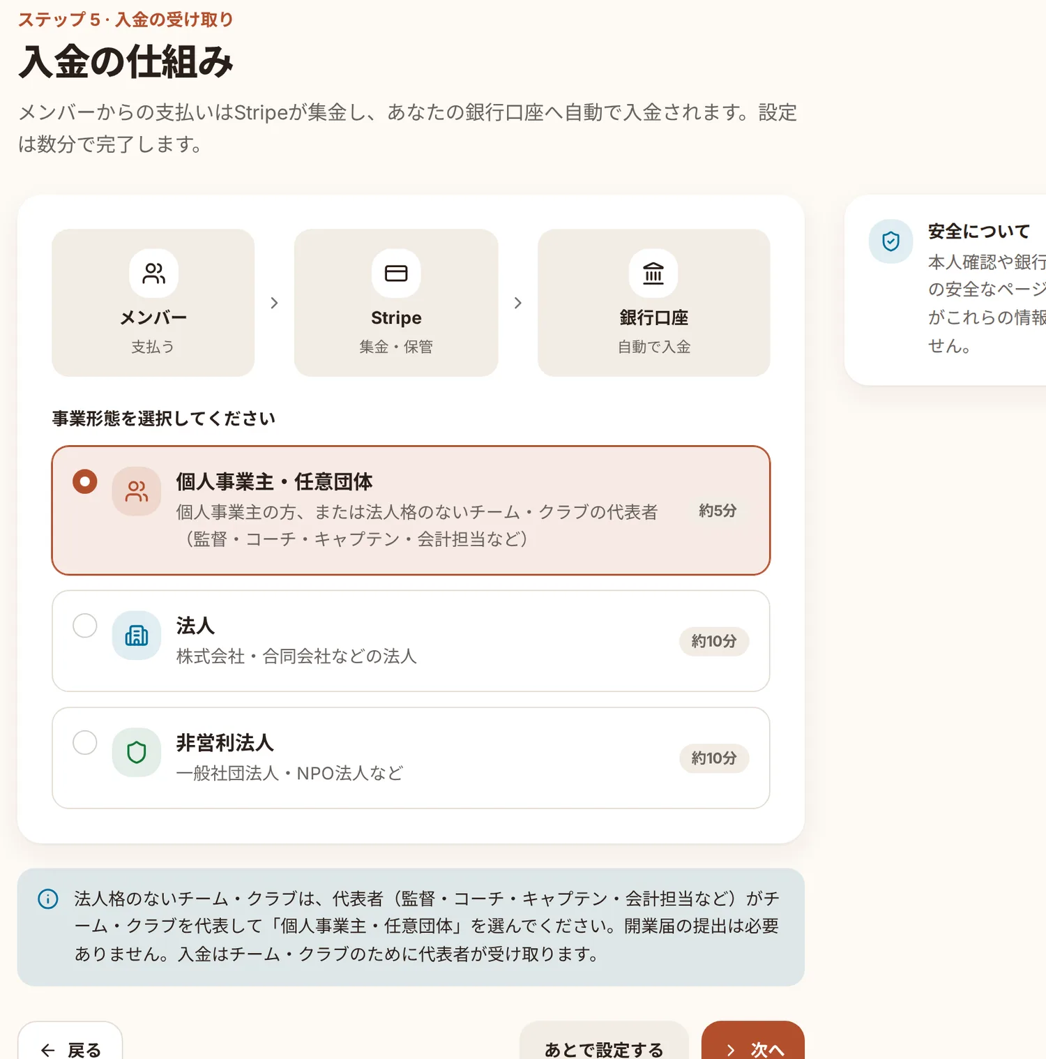 入金の仕組みの画面。メンバーからStripeを通して団体の銀行口座へ。事業形態を個人事業主・任意団体・法人・非営利法人から選ぶ